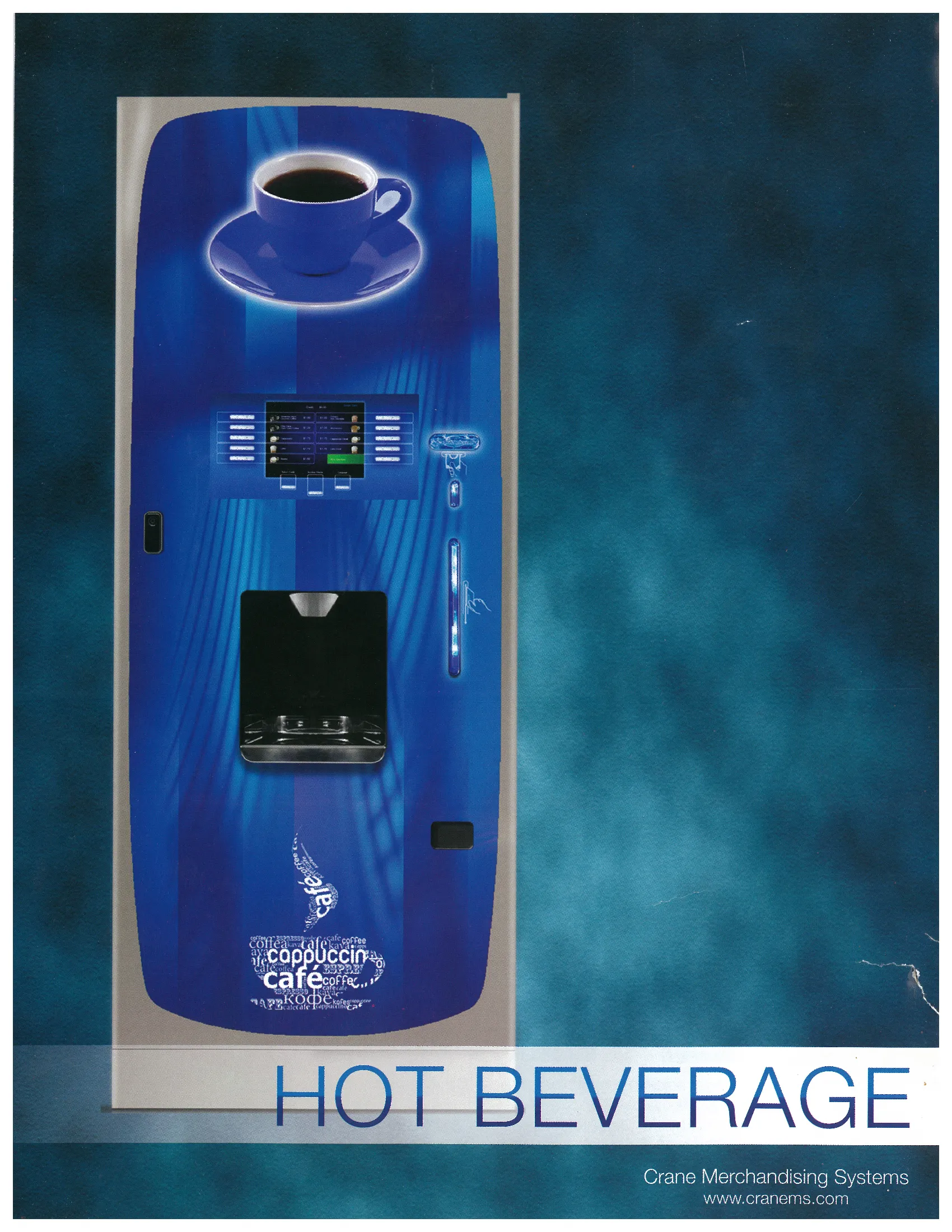 A blue beverage machine with a cup of coffee on top.