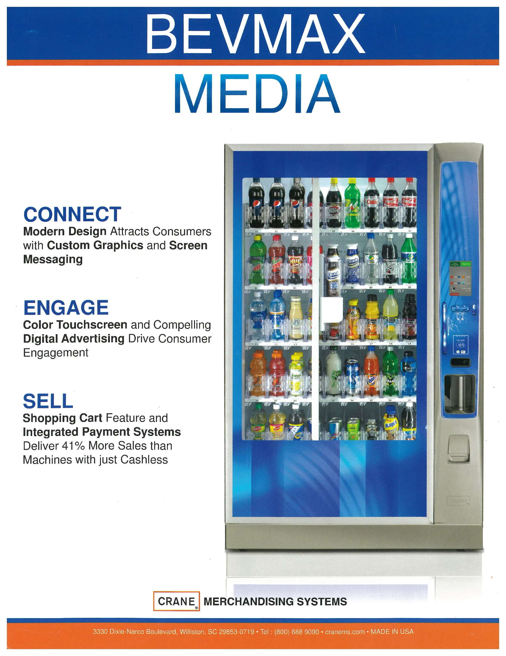 A vending machine with multiple sections for beverages and snacks.