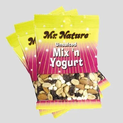 A package of mixed nuts and yogurt.