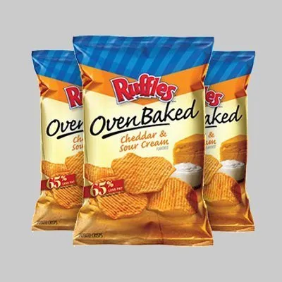 Three bags of ruffles oven baked cheddar and sour cream potato chips.