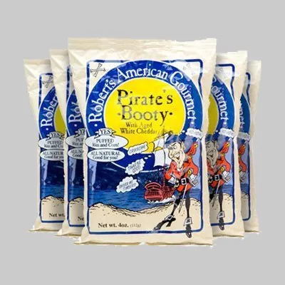 A group of bags of pirate 's booty chips.